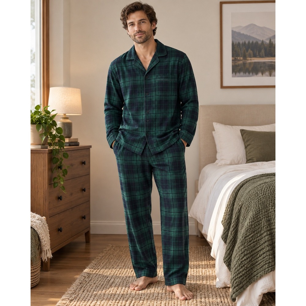 Skims Mens Fleece Sleep Set Green Black Plaid Pajamas XL Long Sleeve Button Down
